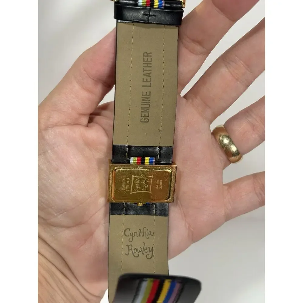 Cynthia Rowley Leather Boyfriend‎ Watch Black Rainbow Band Needs Battery*